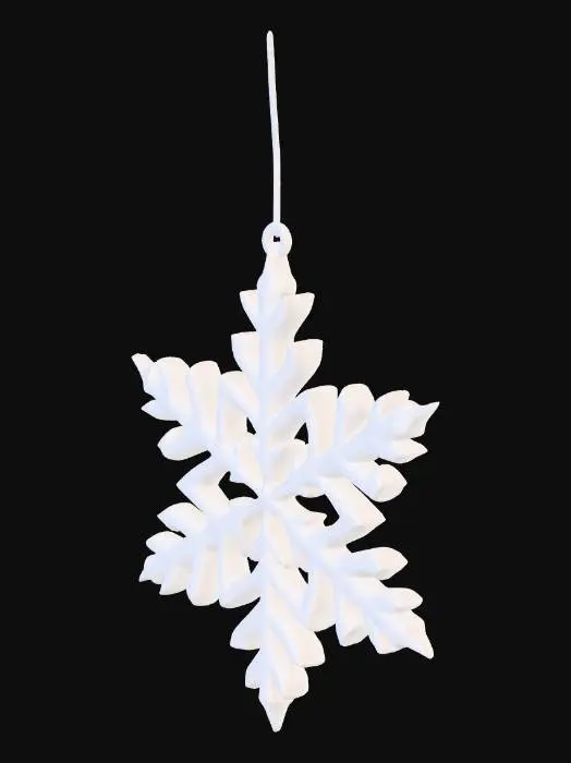 3D model for An elaborate snowflake ornament, crafted from clear, sparkling acrylic, its intricate filigree design featuring six pointed arms branching into delicate crystalline patterns. Each facet catches and refracts light, creating tiny rainbows. A dusting of fine, iridescent glitter adheres to its surface, adding to its frosty appeal. It feels smooth and slightly brittle, with sharply defined edges that are cool to the touch.