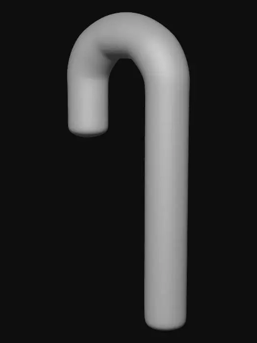 3D model for A traditional candy cane, distinctively curved into a J-shape, with vibrant alternating stripes of glossy red and opaque white spiraling along its length. The hard, sugary surface is slightly tacky, indicative of its sweet nature. Its form is solid and smooth, with a subtle peppermint aroma. The tip is slightly blunted, and the entire structure feels rigid and brittle.