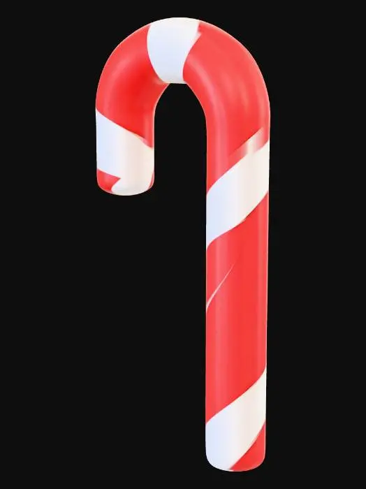 3D model for A traditional candy cane, distinctively curved into a J-shape, with vibrant alternating stripes of glossy red and opaque white spiraling along its length. The hard, sugary surface is slightly tacky, indicative of its sweet nature. Its form is solid and smooth, with a subtle peppermint aroma. The tip is slightly blunted, and the entire structure feels rigid and brittle.