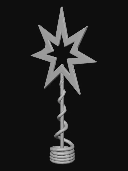 3D model for A radiant Christmas tree star topper, boasting five distinct points, fashioned from a lightweight, hollow plastic or metal frame. Its entire surface is coated in a brilliant, shimmering gold glitter, providing a captivating sparkle. A sturdy spiral base extends from its bottom for secure placement atop a tree. The texture is coarse and gritty due to the glitter, yet the overall structure is light and airy.
