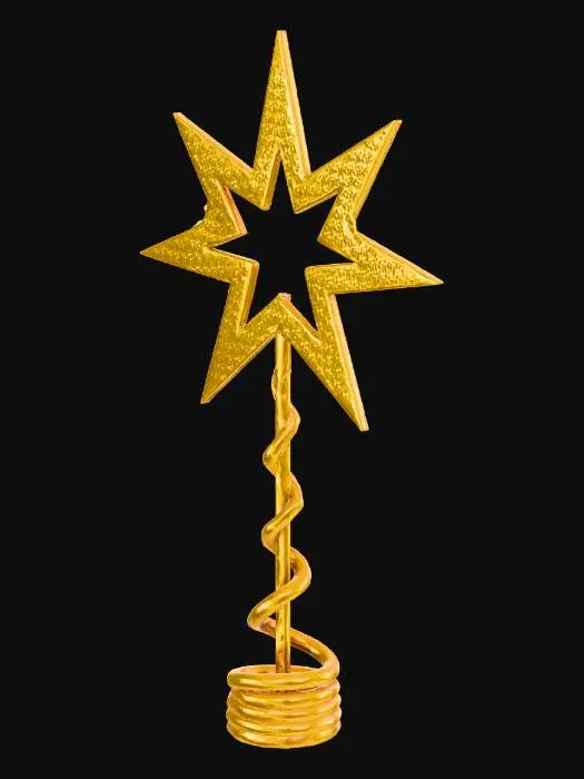 3D model for A radiant Christmas tree star topper, boasting five distinct points, fashioned from a lightweight, hollow plastic or metal frame. Its entire surface is coated in a brilliant, shimmering gold glitter, providing a captivating sparkle. A sturdy spiral base extends from its bottom for secure placement atop a tree. The texture is coarse and gritty due to the glitter, yet the overall structure is light and airy.