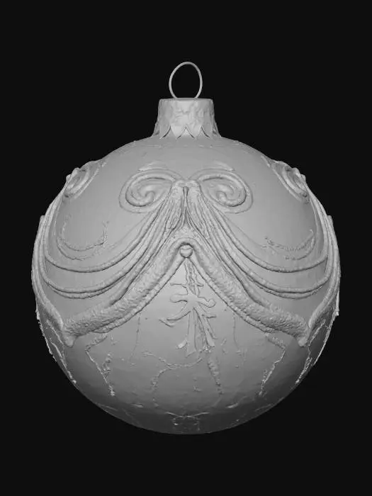 3D model for A classic Christmas bauble, perfectly spherical and crafted from delicate blown glass, featuring a deep crimson hue with a high-gloss finish. Its surface is adorned with intricate, hand-painted gold filigree patterns that catch the light beautifully. A small, silver cap with a loop is affixed at its top for hanging. The overall texture is incredibly smooth and cool to the touch, feeling fragile yet elegant.