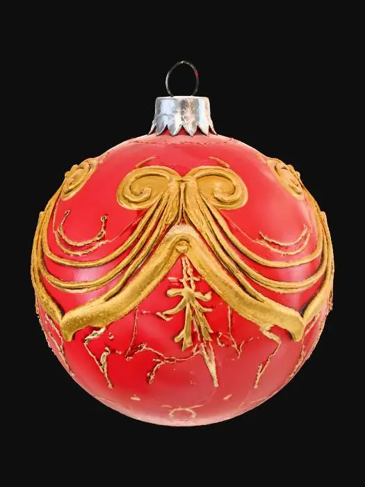 3D model for A classic Christmas bauble, perfectly spherical and crafted from delicate blown glass, featuring a deep crimson hue with a high-gloss finish. Its surface is adorned with intricate, hand-painted gold filigree patterns that catch the light beautifully. A small, silver cap with a loop is affixed at its top for hanging. The overall texture is incredibly smooth and cool to the touch, feeling fragile yet elegant.