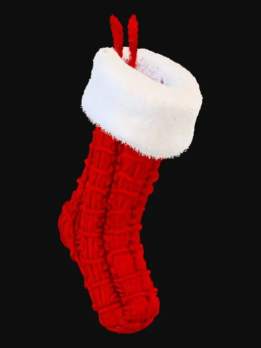3D model for A cozy Christmas stocking, knitted from soft, chunky scarlet red yarn, featuring a generous, fluffy white faux fur cuff at the top. Its traditional large sock shape is designed to hang by a sturdy loop sewn into the cuff. The texture is incredibly warm and plush to the touch, inviting a snug feel. A subtle braided pattern runs down the leg, adding to its handmade charm.