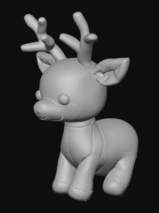 3D model for A whimsical felt reindeer figurine, crafted from soft, matte brown felt with carefully stitched seams. Its antlers are made from stiffer, darker brown felt, providing a slight structural rigidity, and its nose is a bright, shiny red plastic bead. The eyes are small black embroidery stitches, giving it a friendly, almost naive expression, perfect for a cozy Christmas display.