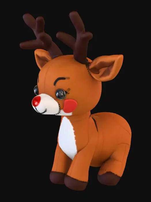 3D model for A whimsical felt reindeer figurine, crafted from soft, matte brown felt with carefully stitched seams. Its antlers are made from stiffer, darker brown felt, providing a slight structural rigidity, and its nose is a bright, shiny red plastic bead. The eyes are small black embroidery stitches, giving it a friendly, almost naive expression, perfect for a cozy Christmas display.
