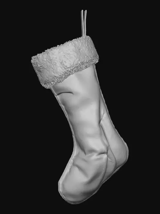 3D model for A classic red velvet Christmas stocking, generously sized with a plush, luxurious texture that invites touch. The deep crimson fabric has a subtle sheen, and it's adorned with a thick cuff of pristine white faux fur, giving it a soft, fluffy contrast. A sturdy red fabric loop is sewn at the top, ready to be hung by the fireplace, anticipating festive treats.