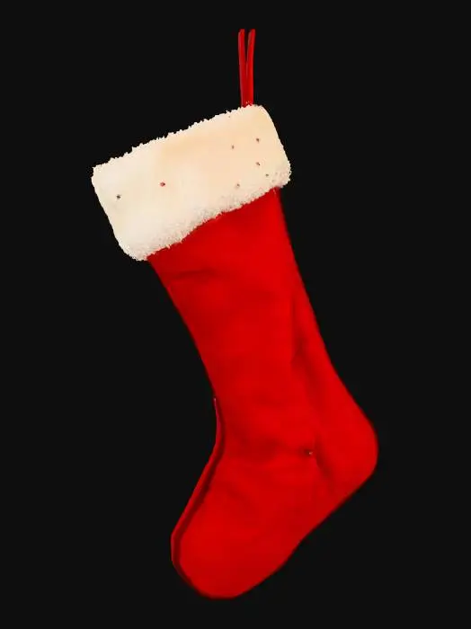3D model for A classic red velvet Christmas stocking, generously sized with a plush, luxurious texture that invites touch. The deep crimson fabric has a subtle sheen, and it's adorned with a thick cuff of pristine white faux fur, giving it a soft, fluffy contrast. A sturdy red fabric loop is sewn at the top, ready to be hung by the fireplace, anticipating festive treats.