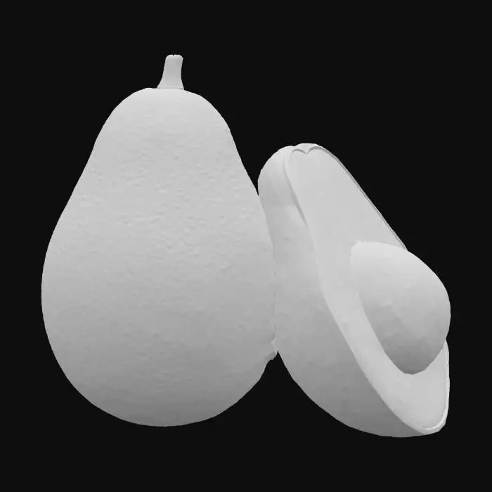3D model for A vibrant green avocado, pear-shaped with a slightly bumpy, leathery skin that has a dull, matte finish. Its color transitions from a deep, rich green to a lighter, almost yellowish-green near the stem. A small, dry stem might be present at its narrow end. It feels firm but yields slightly to gentle pressure, indicating ripeness, with a dense, smooth interior flesh when cut open. #food#