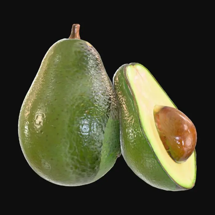 3D model for A vibrant green avocado, pear-shaped with a slightly bumpy, leathery skin that has a dull, matte finish. Its color transitions from a deep, rich green to a lighter, almost yellowish-green near the stem. A small, dry stem might be present at its narrow end. It feels firm but yields slightly to gentle pressure, indicating ripeness, with a dense, smooth interior flesh when cut open. #food#