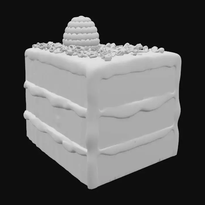 3D model for A slice of decadent chocolate cake, triangular in shape, with several distinct layers visible. The dark brown cake layers are moist and porous, separated by thick, glossy layers of smooth, rich chocolate ganache. The top is generously frosted and often adorned with delicate chocolate shavings or a single berry. The overall appearance is soft and rich, promising a tender and creamy mouthfeel.