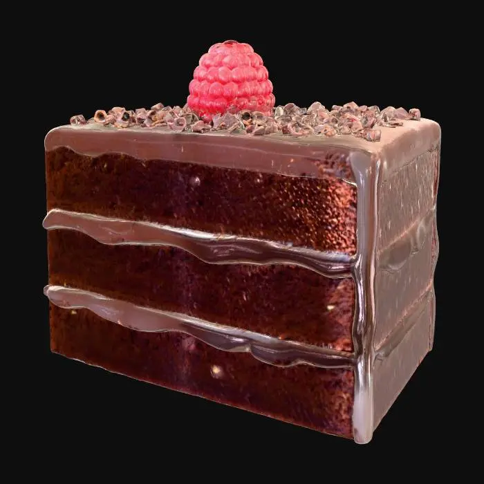 3D model for A slice of decadent chocolate cake, triangular in shape, with several distinct layers visible. The dark brown cake layers are moist and porous, separated by thick, glossy layers of smooth, rich chocolate ganache. The top is generously frosted and often adorned with delicate chocolate shavings or a single berry. The overall appearance is soft and rich, promising a tender and creamy mouthfeel.