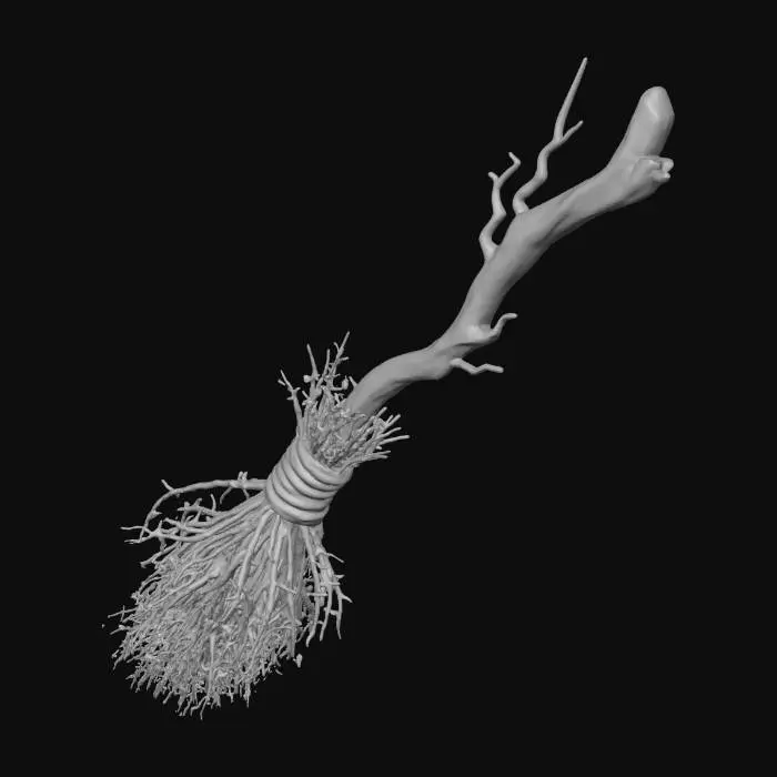 3D model for #Halloween2025#, A sinister, gnarled witch's broomstick, fashioned from dark, twisted wood and bound with brittle, tangled bristles. The handle is uneven and knotty, with a rough, splintered texture that looks uncomfortable to grip. The natural color of the wood is a deep, almost black brown, giving it an aged and mystical appearance, ready for nocturnal flights.
