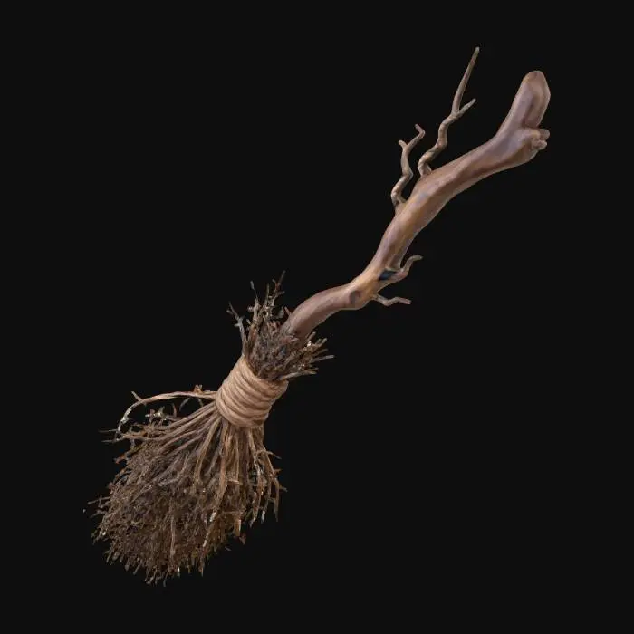 3D model for #Halloween2025#, A sinister, gnarled witch's broomstick, fashioned from dark, twisted wood and bound with brittle, tangled bristles. The handle is uneven and knotty, with a rough, splintered texture that looks uncomfortable to grip. The natural color of the wood is a deep, almost black brown, giving it an aged and mystical appearance, ready for nocturnal flights.