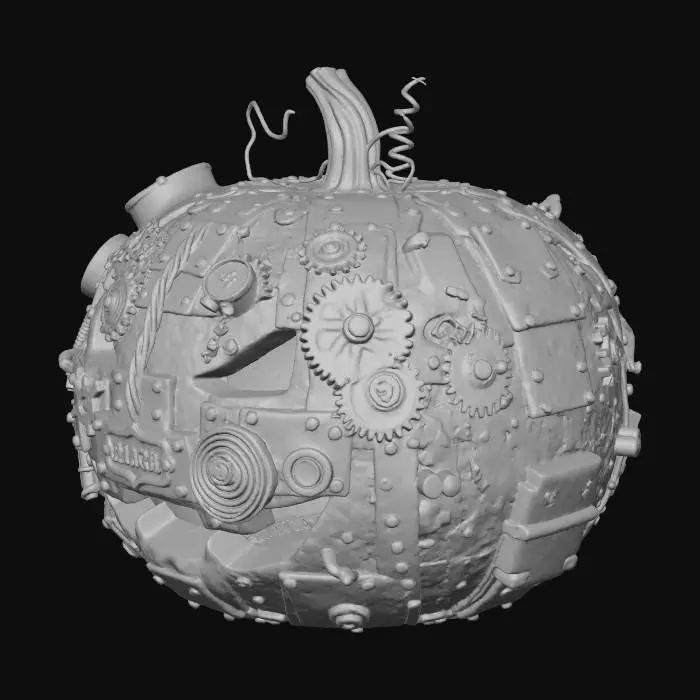 3D model for #halloween2025#, An intricately steampunk-inspired Halloween pumpkin, meticulously carved with gears, cogs, and metallic overlays. The pumpkin's original orange hue is largely covered by patinated brass and copper accents, riveted onto its surface, creating a robust, mechanical structure. Its texture combines the smooth, aged metal with the underlying, slightly rough pumpkin skin, giving it a unique industrial-meets-organic aesthetic.