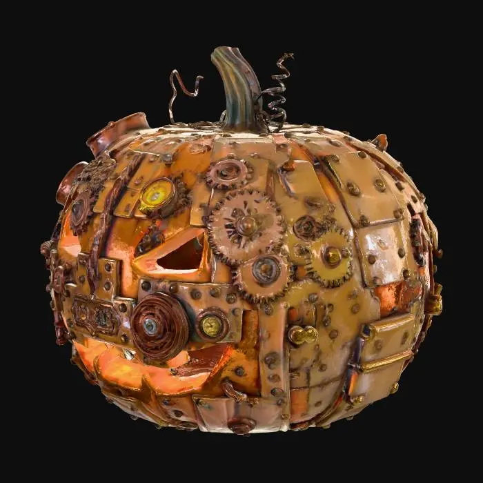 3D model for #halloween2025#, An intricately steampunk-inspired Halloween pumpkin, meticulously carved with gears, cogs, and metallic overlays. The pumpkin's original orange hue is largely covered by patinated brass and copper accents, riveted onto its surface, creating a robust, mechanical structure. Its texture combines the smooth, aged metal with the underlying, slightly rough pumpkin skin, giving it a unique industrial-meets-organic aesthetic.