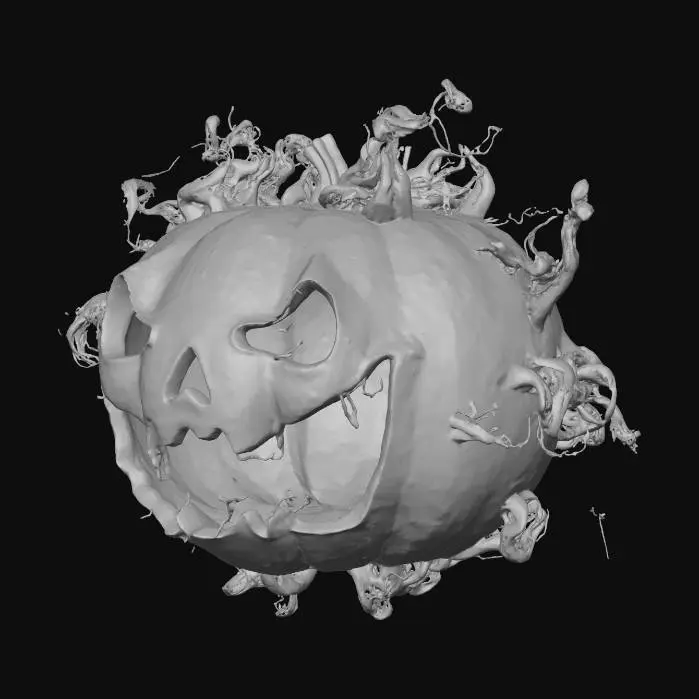 3D model for #halloween2025#, A ghoulish, spectral Halloween pumpkin, seemingly made of translucent, eerie green ectoplasm, with wispy tendrils subtly shifting. Its carved eye sockets are hollow abysses, while a stretched, howling mouth reveals no teeth, only an empty void. The surface possesses a smooth yet slightly viscous texture, almost glowing with an unearthly luminescence, hinting at its ethereal material.