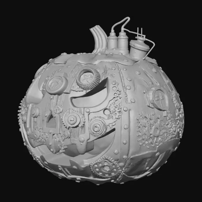 3D model for #halloween2025#, An intricately steampunk-inspired Halloween pumpkin, meticulously carved with gears, cogs, and metallic overlays. The pumpkin's original orange hue is largely covered by patinated brass and copper accents, riveted onto its surface, creating a robust, mechanical structure. Its texture combines the smooth, aged metal with the underlying, slightly rough pumpkin skin, giving it a unique industrial-meets-organic aesthetic.