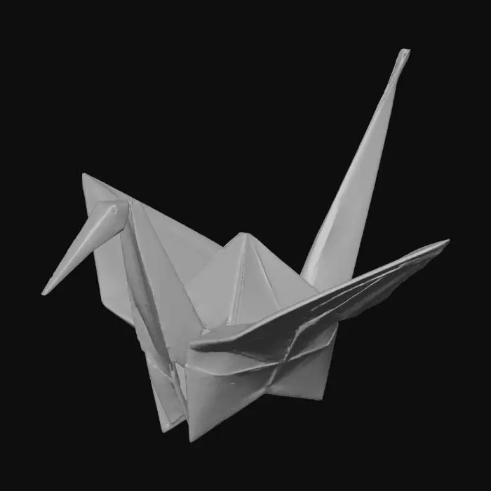 3D model for A single, intricately folded paper crane, crafted from shimmering, iridescent blue origami paper. Its sharp, precise creases give it a rigid, angular structure, while the paper itself has a delicate, almost translucent quality. The surface is smooth and cool, reflecting light in shifting hues, creating an ethereal and fragile piece of art.