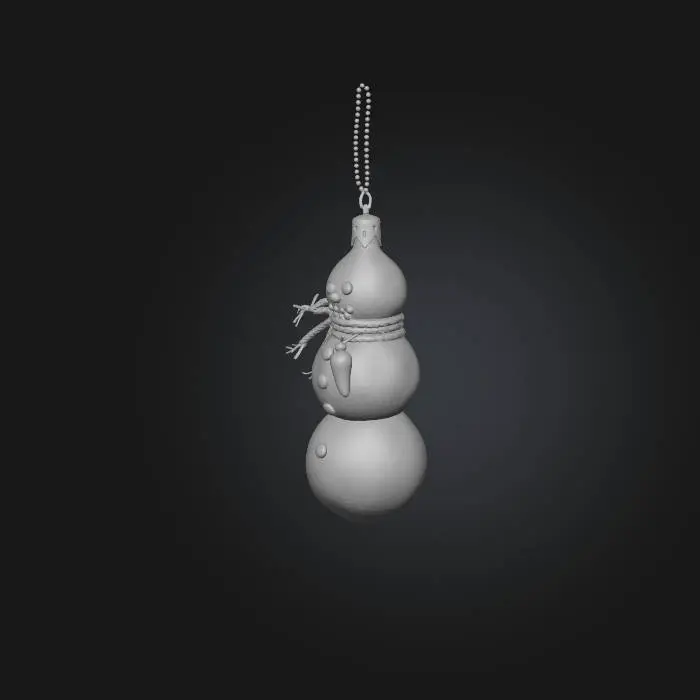 3D model for A sparkling glass snowman ornament, made from translucent, slightly frosted white glass with a smooth, cool touch. It comprises three stacked spheres, with tiny black beads for eyes and mouth, and a miniature orange glass carrot for a nose. A thin, delicate silver scarf is painted around its neck, and a small, almost invisible loop is fused to the top for hanging.