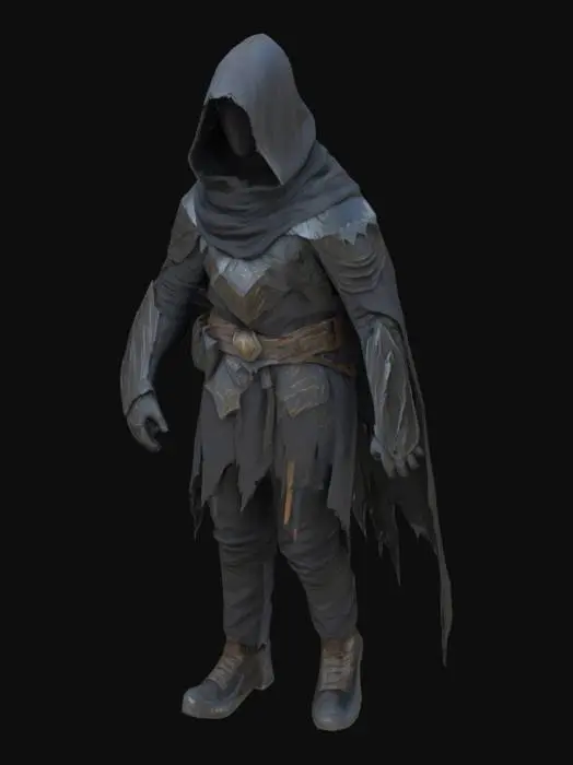 3D model for The object is a dark, hooded, humanoid figure with a flowing, tattered cloak, intricate armor featuring angular and jagged elements, and a smooth yet rugged texture, suggesting a mysterious and stealthy character., 