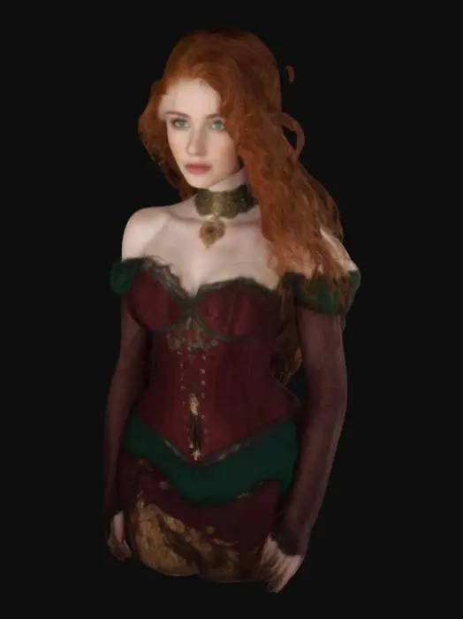 3D model for A voluptuous, red-haired woman with emerald-green eyes and fair skin. She wears a burgundy corset with gold embroidery, an off-shoulder design, and a high-slit skirt. A black lace choker with a ruby pendant rests on her collarbone. Her wavy hair cascades over her shoulders. She stands in a dimly lit medieval tavern, leaning on the bar with a playful, confident smirk. The scene has warm lighting, detailed fabric textures, and realistic hair physics