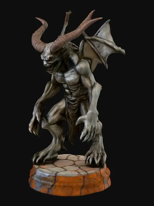 3D model for realistic demon statue on podium, rusty and craked