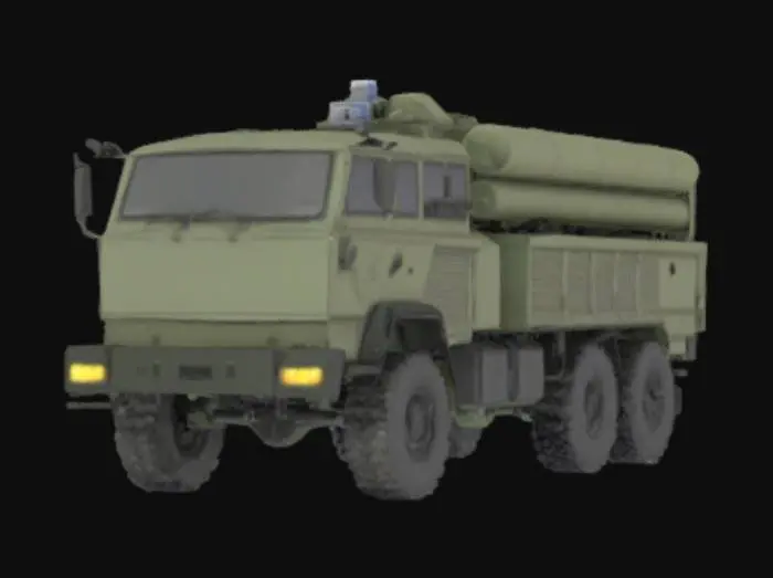 3D model for A modern military rocket launcher vehicle mounted on a 6-wheeled truck chassis, semi-realistic style. The design should be functional and tactical, with visible missile tubes on the back, light armor plating, a reinforced cabin, and rugged off-road tires. It should not look cartoony or toy-like — aim for a balanced level of detail suitable for a 3D tactical strategy game. Stylized PBR textures with moderate wear and military green paint.