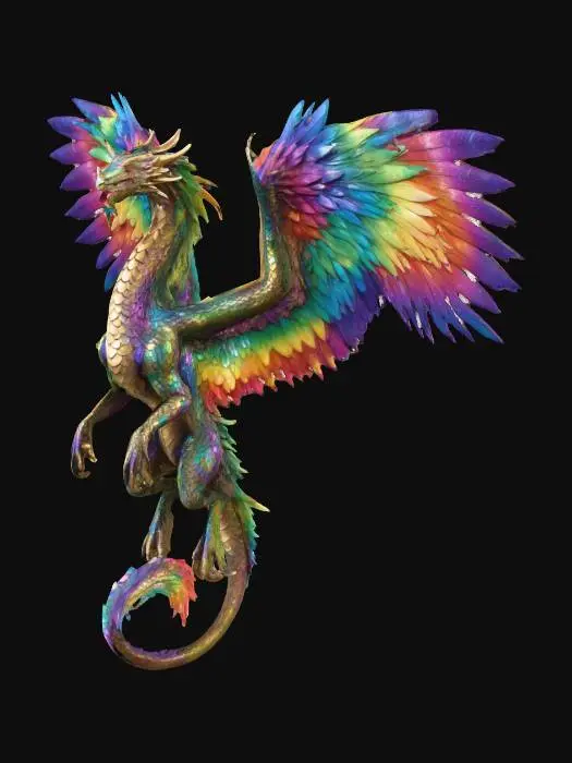 3D model for genera un drago con la pelle squamosa e delle piume colorate, delle grandi ali e un muso allungato, una lunga cosa sottile