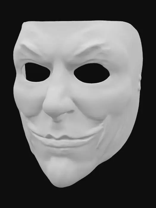 3D model for Create a human mask that shows only the front part of the face, with a scary or unsettling design. The mask should have a smooth appearance without detailed textures like pores or veins. The face should be neutral but with a subtly disturbing expression, such as an empty smile or hollow, pupil-less eyes. Use simple shapes and pale or faded colors to create a sense of unease. The mask should be symmetrical but with slight imperfections to enhance discomfort
