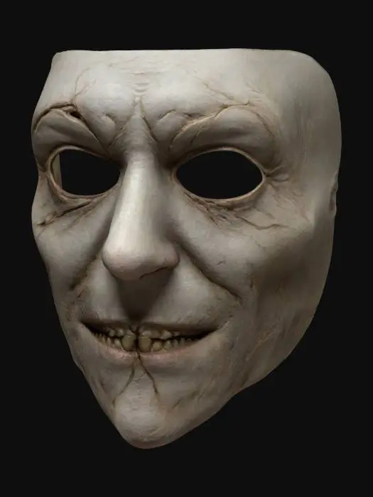 3D model for Create a human mask that shows only the front part of the face, with a scary or unsettling design. The mask should have a smooth appearance without detailed textures like pores or veins. The face should be neutral but with a subtly disturbing expression, such as an empty smile or hollow, pupil-less eyes. Use simple shapes and pale or faded colors to create a sense of unease. The mask should be symmetrical but with slight imperfections to enhance discomfort