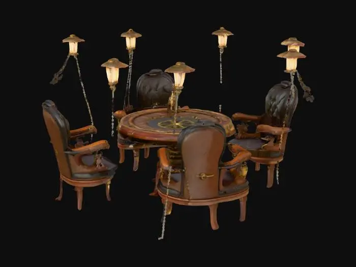 3D model for Steampunk airship deck, brass gears and spinning propellers, open sky background, central wood-and-metal card table, leather alien chairs with steam exhausts, flickering filament lamps, rust and polish textures, hyperreal detailing, clouds floating below, hyper-realistic, high -detailed.