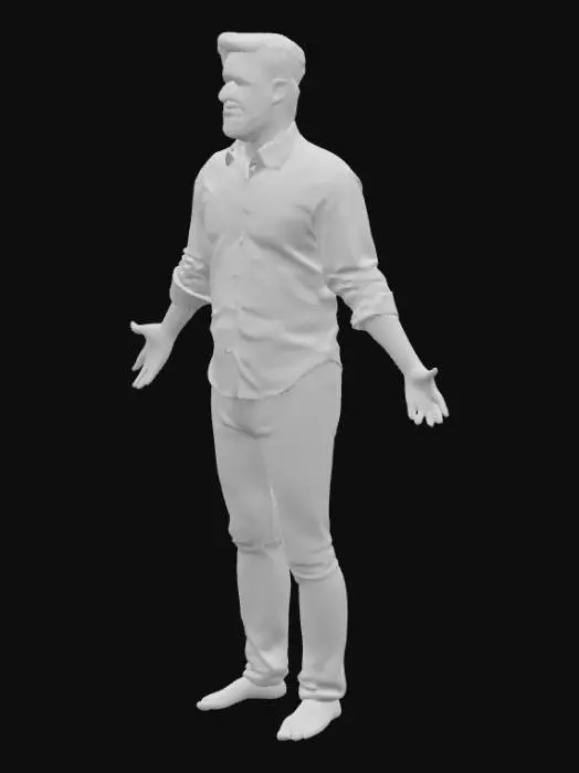 3D model for Design a 3D model of a man in his mid-30s with a beard and short, neatly styled hair. He is wearing a buttoned shirt, dark pants, and loafers. He stands relaxed with one hand gesturing toward the cart, the other by his side. Light smile, subtle detail in face and posture. Stylized realism, urban tone, isolated object, soft lighting.