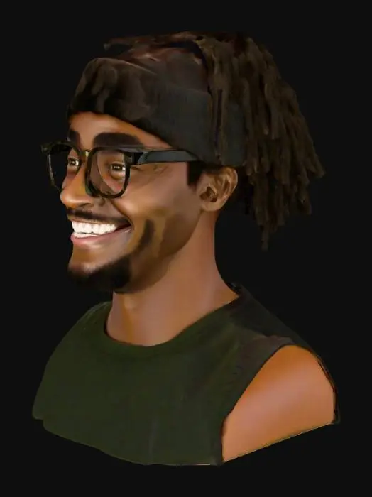 3D model for Highly detailled smiling afro-american man head, with rasta hair.