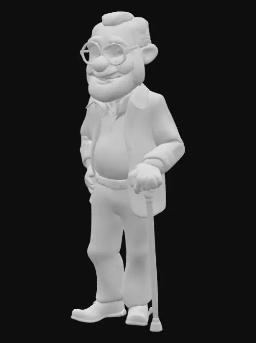 3D model for Highly detailled and realistic full body smiling old grandpa, with hair and thick glasses on eyes.