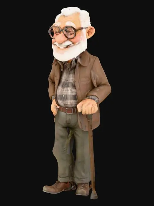 3D model for Highly detailled and realistic full body smiling old grandpa, with hair and thick glasses on eyes.