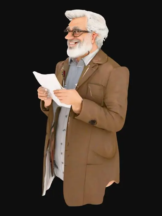 3D model for Hyper realistic, high resolution, smiling male professor with very thick glasses.