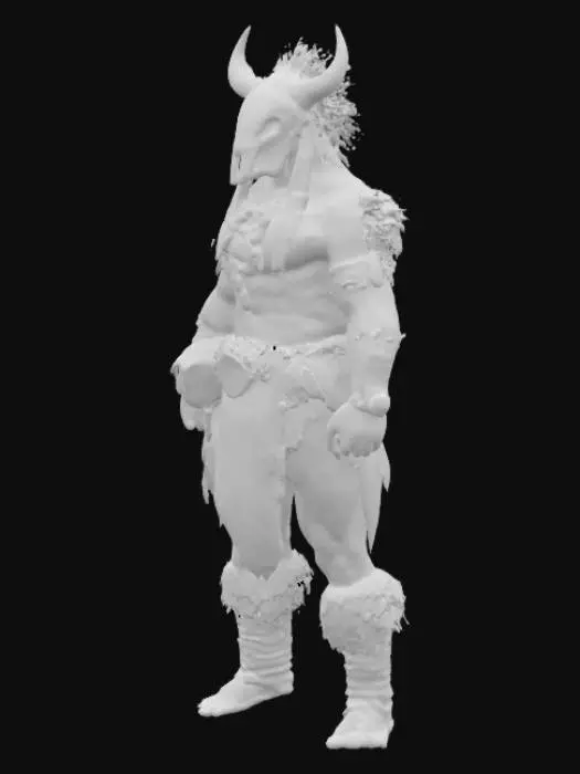 3D model for Realistic indigenous male character standing in T-pose, wearing tribal clothes made of leather and fabric, decorated with feathers and beads, with a detailed animal skull mask on his head. The character has muscular build, long dark hair, traditional war paint on face, and wears sandals. High detail, PBR textures, game-ready topology, realistic proportions, survival game style