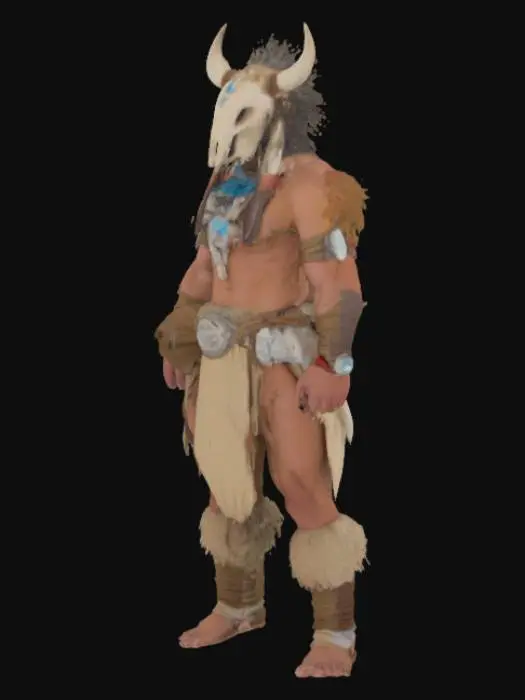 3D model for Realistic indigenous male character standing in T-pose, wearing tribal clothes made of leather and fabric, decorated with feathers and beads, with a detailed animal skull mask on his head. The character has muscular build, long dark hair, traditional war paint on face, and wears sandals. High detail, PBR textures, game-ready topology, realistic proportions, survival game style