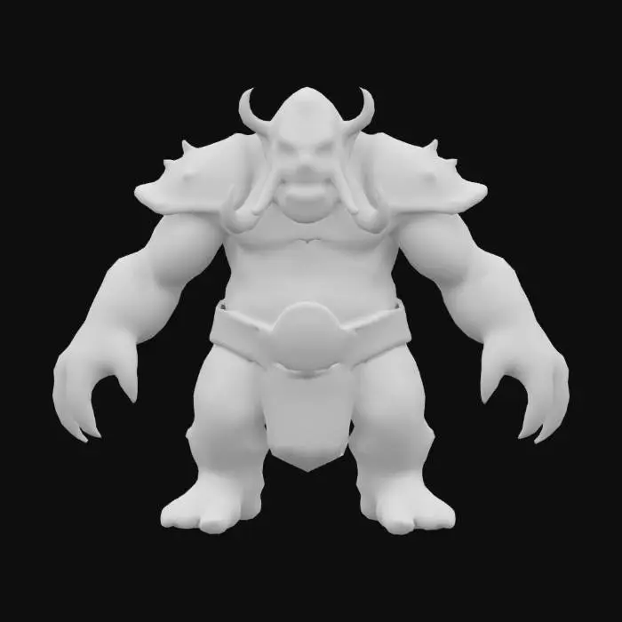 3D model for Modelo 3D de un gran orco, jefe final de mazmorra en un MMORPG. De pie, mirando al frente, con una postura imponente y dominante. Cuerpo enorme y musculoso, piel rugosa con cicatrices y texturas detalladas. Colmillos grandes sobresaliendo, ojos brillantes y expresión feroz. Lleva una armadura hecha de huesos de criaturas gigantes, con detalles afilados y rústicos. Brazos a los lados, manos grandes y poderosas. Fondo simple, iluminación uniforme, sin poses dinámicas