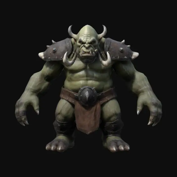 3D model for Modelo 3D de un gran orco, jefe final de mazmorra en un MMORPG. De pie, mirando al frente, con una postura imponente y dominante. Cuerpo enorme y musculoso, piel rugosa con cicatrices y texturas detalladas. Colmillos grandes sobresaliendo, ojos brillantes y expresión feroz. Lleva una armadura hecha de huesos de criaturas gigantes, con detalles afilados y rústicos. Brazos a los lados, manos grandes y poderosas. Fondo simple, iluminación uniforme, sin poses dinámicas