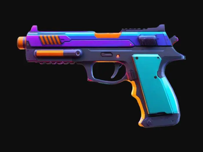 3D model for A Valorant-style pistol, futuristic, with a silencer, and bright colors.