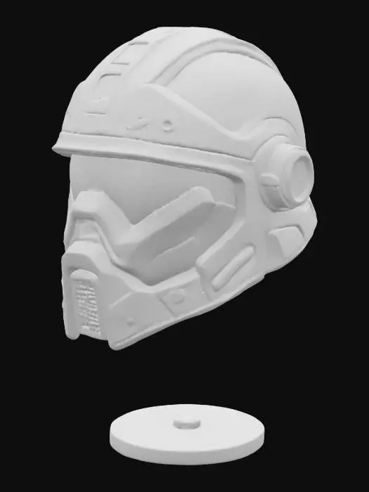 3D model for A miniature space marine helmet, rendered with crisp high definition. It boasts perfectly smooth, polished surfaces and sharply defined, clean edges that emphasize its robust, angular design. A prominent, narrow horizontal visor slits across the front, made from a dark, reflective material. The helmet's bulky, protective form suggests a dense, unblemished ceramic or reinforced plasteel, giving it a rigid, impenetrable feel, scaled precisely for a 25mm figure.