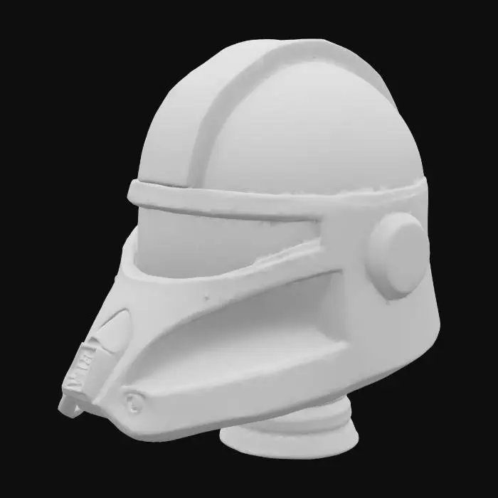 3D model for A miniature space marine helmet, rendered with crisp high definition. It boasts perfectly smooth, polished surfaces and sharply defined, clean edges that emphasize its robust, angular design. A prominent, narrow horizontal visor slits across the front, made from a dark, reflective material. The helmet's bulky, protective form suggests a dense, unblemished ceramic or reinforced plasteel, giving it a rigid, impenetrable feel, scaled precisely for a 25mm figure.