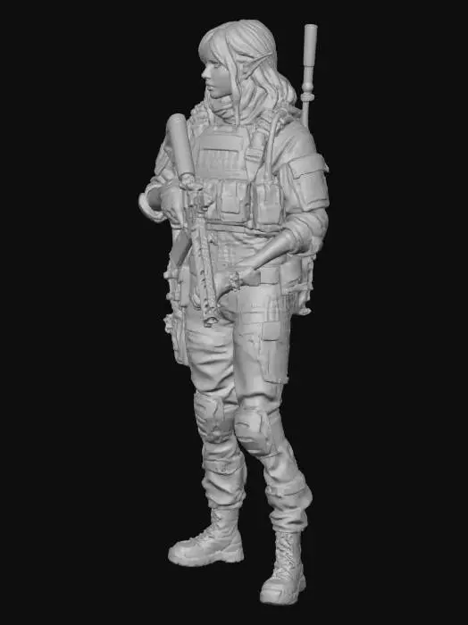 3D model for DALL·E 2025-02-20 11.56.01 - A high-definition watercolor painting of an elven female soldier in a post-apocalyptic universe similar to The Division. She stands facing forward wit.webp