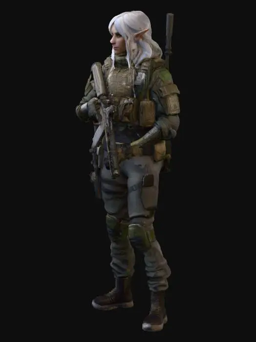 3D model for DALL·E 2025-02-20 11.56.01 - A high-definition watercolor painting of an elven female soldier in a post-apocalyptic universe similar to The Division. She stands facing forward wit.webp