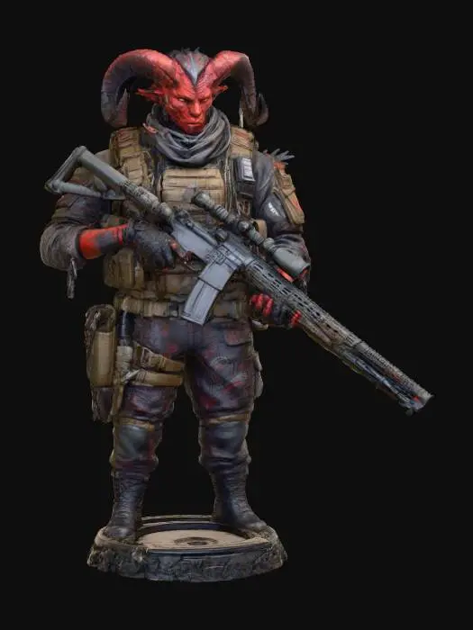 3D model for DALL·E 2025-02-20 11.58.55 - A high-definition watercolor painting of a tiefling soldier in a post-apocalyptic universe similar to The Division. He stands facing forward with a co.webp