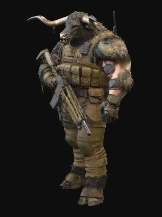 3D model for DALL·E 2025-02-20 11.56.06 - A high-definition watercolor painting of a minotaur soldier in a post-apocalyptic universe similar to The Division. He stands facing forward with a fi.webp