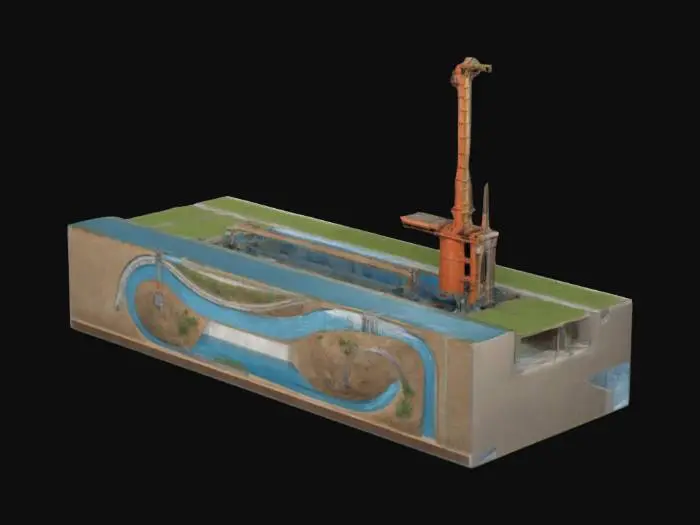 3D model for 展项设置压力水井汲水装置，水循环管路、造型展台、展台上设运河造型、格堤造型等、还原运河-缕堤-格堤-遥堤全貌;游客通过操作压力水井将喝水引入运河，当运河内水漫出来是，观察河水流入缕堤-格堤-遥堤的全过程，以此了解堤坝系统的结构和工作原理。