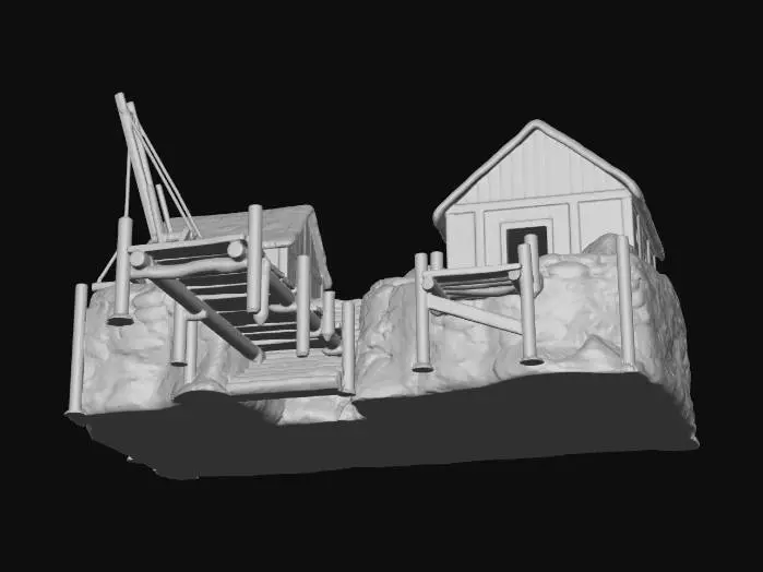 3D model for A rugged medieval bay, rendered in a gritty, realistic style, features turbulent, dark grey waters. The functional docks are built from heavy, unvarnished pine timbers, showing signs of severe weathering and splintering. Rough-hewn stone seawalls, mottled with damp moss, rise around the bay. Simple, robust wooden structures and a large, utilitarian cargo crane dominate the scene, reflecting a practical, less ornate construction.